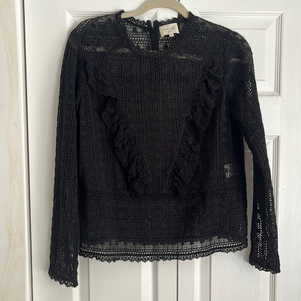 Sezane black crochet cotton blouse